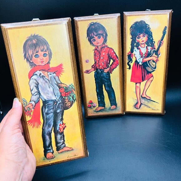 60s Big Eye Kid Print Wood Plaque Wall Hanging Set of 3 New Old Stock Boho Gypsy - Picture 6 of 10